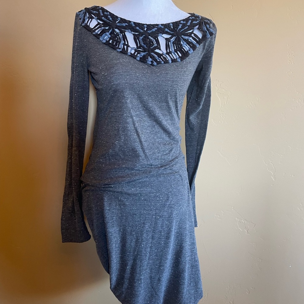 Free People Charcoal Gray Long Sleeve Dress with Crochet Yoke